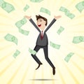 Cartoon happy businessman jumping with money
