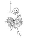 Cartoon of Happy Businessman Reading Good Sport News in Newspaper