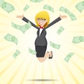 Cartoon happy businesswoman jumping with money cash