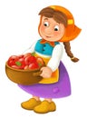 Cartoon happy character of farm woman holding basket full of apples - traditional clothes - isolated Royalty Free Stock Photo