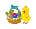 Cartoon happy chicken with easter basket full of eggs on white background Royalty Free Stock Photo