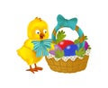 Cartoon happy chicken with easter basket full of eggs on white background Royalty Free Stock Photo