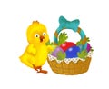 Cartoon happy chicken with easter basket full of eggs on white background Royalty Free Stock Photo