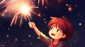 Cartoon of a happy child with fireworks sparkler. Celebration fourth of July anime.