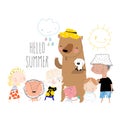 Cartoon Happy Children and Animals meeting Summer on White Background