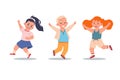 Cartoon happy children. Jumping characters smiling and laughing, school kids friendship set, cute girls and boy waving Royalty Free Stock Photo