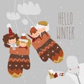 Cartoon happy children sitting in mittens. Hello winter