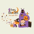 Cartoon happy children trick or treating in Halloween costume