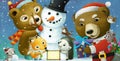 cartoon happy christmas scene with frame with animals and snowman Royalty Free Stock Photo