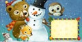 cartoon happy christmas scene with frame with animals and snowman Royalty Free Stock Photo