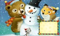 cartoon happy christmas scene with frame with animals and snowman Royalty Free Stock Photo