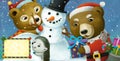 cartoon happy christmas scene with frame with animals and snowman Royalty Free Stock Photo