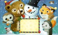 cartoon happy christmas scene with frame with animals and snowman Royalty Free Stock Photo