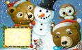 cartoon happy christmas scene with frame with animals and snowman Royalty Free Stock Photo