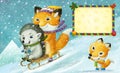 cartoon happy christmas winter scene with animals sliding skiing on hill Royalty Free Stock Photo