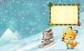 cartoon happy christmas winter scene with animals sliding skiing on hill Royalty Free Stock Photo