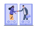 Cartoon happy colleagues shaking hands via mobile app vector