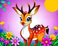 Cartoon happy comic bambi baby deer antlers smiling flowers garden color