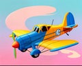 Cartoon happy comic child toy airplane sky flying yellow blue color