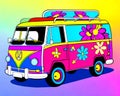 Cartoon happy comic flower hippie camper van popart colors Royalty Free Stock Photo