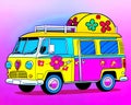 Cartoon happy comic flower hippie hipster travel camper van