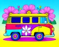 Cartoon happy comic flower peace love hippie travel van