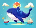 Cartoon happy comic friendly ocean blue whale dolphin watching ship Royalty Free Stock Photo