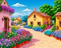 Cartoon happy comic homestead tiny house walkway stone paver flower bed