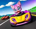 Cartoon happy comic kitty cat toy racer track car Royalty Free Stock Photo