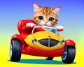 Cartoon happy comic kitty cat yellow red racing car toy Royalty Free Stock Photo