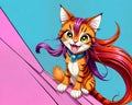 Cartoon happy comic long hair orange cat kitty open mouth smile Royalty Free Stock Photo