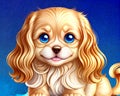 Cartoon happy comic puppy dog pet golden spaniel big blue eyes groomed