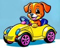 Cartoon happy comic puppy dog yellow toy car driver Royalty Free Stock Photo