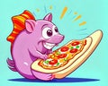 Cartoon happy comic rat mouse rodent eating stolen pizza food