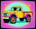 Cartoon happy comic retro car classic vintage 4x4 pickup pop art color Royalty Free Stock Photo