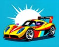 Cartoon happy comic retro car futuristic racing track derby