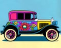 Cartoon happy comic retro car old hippie flower travel bus Royalty Free Stock Photo