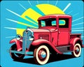 Cartoon happy comic retro car red pickup old pop art color Royalty Free Stock Photo