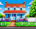 Cartoon happy comic retro colonial blue home suburban vintage country style