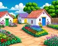 Cartoon happy comic rural homestead white tiny house flower bed