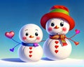 Cartoon happy comic snowman family smiling face snow heart love