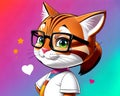 Cartoon happy comic tabby cat kitty kitten intelligent face portrait glasses