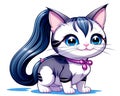 Cartoon happy comic tabby long hair kitty cat big blue eyes