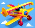 Cartoon happy comic toy airplane biplane landing yellow red blue sky Royalty Free Stock Photo