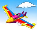 Cartoon happy comic toy jet airplane flying red yellow plane blue sky Royalty Free Stock Photo