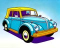 Cartoon happy comic vintage luxury convertible old car blue cruiser Royalty Free Stock Photo