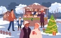 Cartoon happy couple drinking hot drink on festival street market in winter, family with children buying gifts and candy Royalty Free Stock Photo