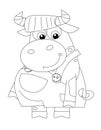Cartoon happy cow - standing and smiling - dressed - isolated - coloring page
