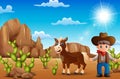 Cartoon happy cowboy with horse in the desert