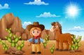 Cartoon happy cowgirl with horse in the desert Royalty Free Stock Photo